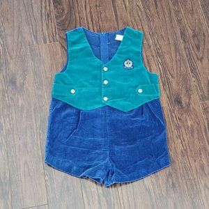 Vintage Boys Romper Suit Velvet One Piece Boy Zippered Sleeveless Blue Green 4T